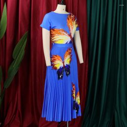 Work Dresses Women's Summer Buttefly Printed Tops Big Swing Long Pleated Skirt Suit Fashion BlueTwo-piece Clothing Set