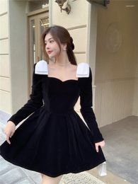 Casual Dresses Velvet Dress Women's French Bow Black Long Sleeve Mini 2023 Autumn And Winter A-line Pleated