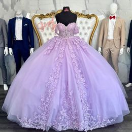 Lilac The Bow Ball Gown Quinceanera Dresses Off Shoulder Plus Size Formal Appliques Lace Corset Vestido De 15 Anos