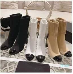 Woollen socks boots fashion catwalk patent leather letters printed Casual Boots ladys Medium tube Chunky High-heeled boot shoes siz
