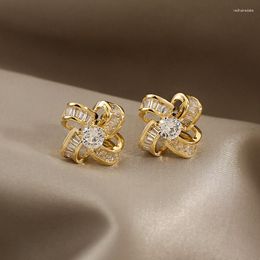 Stud Earrings Korea Fashion Jewelry 14K Real Gold Plated Zircon Luxury Windmill Elegant Women's Prom Wedding Accessories