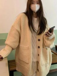 Women's Knits 2023 Fashion Warm Thicken V-neck Knitted Loose Women Cardigan Sweater Tops Korean Style Femme Casual Knitwear Coat