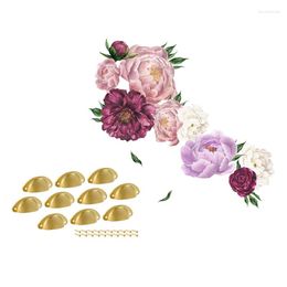 Wall Stickers 10 Pack Cup Drawer Pull Kitchen Cabinet Handle Gold Tone With Sticker Peony Rose Flowers