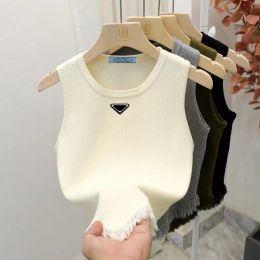 Women's Knitted T-shirt Tank Top Women's Summer New Design Round Neck Short Irregular Tassel Hem Solid Sweet Girl Knitted Tank Top