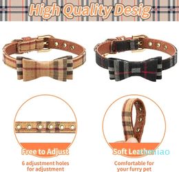Bow Tie Dog Collars and Leash Set Classic Plaid Charm Adjustable Soft Leather Dogs Bandana and Collar for Puppy Cats 3 PCS