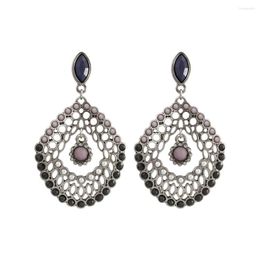 Dangle Earrings Antique Rhodium Color Dark Stone Decorated Filigree Drop For Women Girl Elegant Casual Trendy Vintage Boho Jewelry