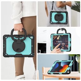 For iPad 10.2 inch 7th 8th 9th Gen Case Folding Handle Grip 360 Rotating Stand Cover Heavy Duty Silcione Shockproof Kids Safe Cases With S Pen Holder +Shoulder Strap