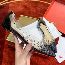 Black leather glossy film rhinestone transparent glass slipper single shoe womens luxury designer senior sense commuter office womens shoes Sizes 35-42 +box