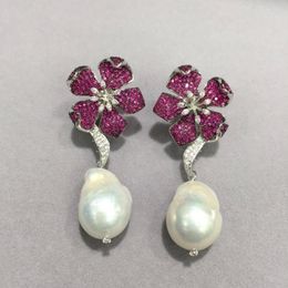 Dangle Earrings Baroque Natural Fresh Water Pearl Earring 925 Sterling Silver With Cubic Zircon Flower Drop Luxury Jewellery Party Women