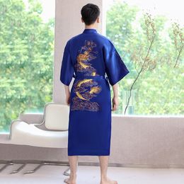 Men's Robes Navy Blue Embroidery Dragon Robe Nightgown Men Kimono Bathrobe Gown Satin Silk Sleepwear Nightwear Loose Casual Home Clothes 230914