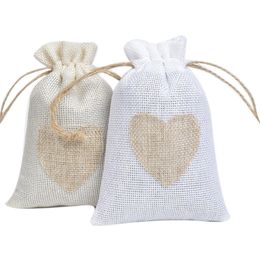 Small Burlap Heart Gift Bags with Drawstring Cloth Favour Pouches for Wedding Shower Party Christmas Valentine's Day DIY Craft