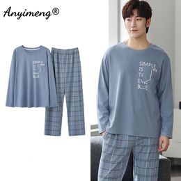 Mäns sömnkläder koreansk minimalistisk stil man pyjamas set långärmad loungewear bomulls sömnkläder för pojkemedelsman pijamas modehem 230914