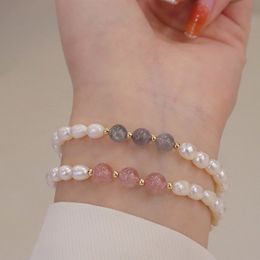 Natural Freshwater Pearl Bracelet Strawberry Quartz Crystal Labradorite Beaded Bracelet Fof Women Girls Fine Jewelry