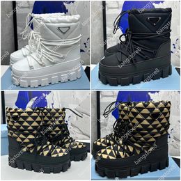 Plaque Schneestiefel Designer Shearling Nylon Gabardine Après-Ski-Stiefel Luxus Damen Herbst Winter Logo Wasserdichtes Tuch Warme große Zähne Dicke Sohle Schneestiefel Größe 35-42