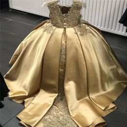 Gold Crystal Flower Girls Dress Pageant Dresses Ball Gown Beaded 2021 Toddler Infant Clothes Little Kids Birthday Gowns2265