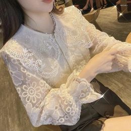 Women's Blouses EWSFV 2023 Fall French Vintage Baby Collar Loose Sunflower Lace Bottom Shirt Chic Top Chiffon Button Up