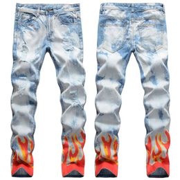 Men Slim Fit Ripped Jeans 3D Printed Hole Destroyed Skinny Straight Leg Washed Frayed Motocycle Denim Pants Hip Hop Stretch Biker 249k