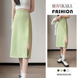 Skirts MOVOKAKA Ladies Spring Summer Elegant Mid High Waist Package Hip Green Slim Skirt With Slit Casual Stylish Women