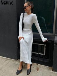 Basic Casual Dresses Nsauye Knitted Khaki Long Sleeve Winter Women Sweater Dress Sexy Outfits Maxi Evening Party Club Striped 230914