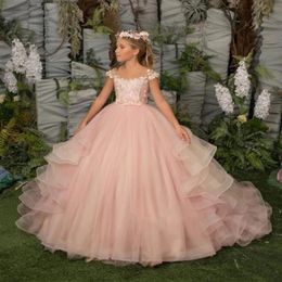 Pink Off Shoulder Ball Gown Prince Flower Girls Dresses 2022 Sweep Train Girls Pageant Gowns Lace Applique first communion princes273L