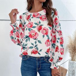 Women's Blouses Shirt Spring And Autumn European American Style Versatile Round Neck Long Sleeve Pullover Bright Print Top