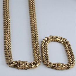 14K Gold Plated Men's Miami Cuban Link Bracelet&Chain Set Stainless Steel 14mm310P