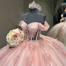 Blush Pink Off Shoulder Quinceanera Dresses Boned lace-up Corset Gillter Applique Princess Sweet 15 vestidos debutante
