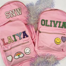 School Bags Custom Nylon Backpack with Chenille Letters Personalised Patch Travel Bag Kid Back to 230912