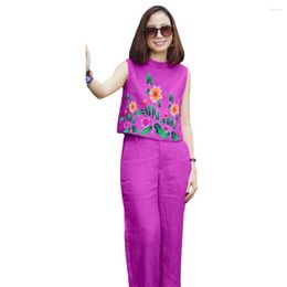 Women's Two Piece Pants Beautiful Women Tank Top Trousers Set Wide Leg T-shirt Flower Printing O Neck Match Shoes