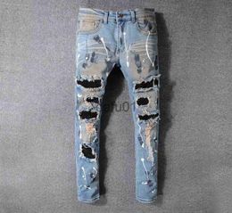 Men's Jeans Fashion2023 Designs Brand Ami Jeans Clothing Designer Pants Off Road Panther Blac Mens Slim Denim Straight Biker Hole Hip Hop x0914