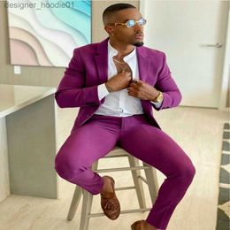 Men's Suits Blazers New Summer Purple Tuxedo Mens Groom Suits Notched Lapel Two Buttons Business Prom Party Blazer Jacket (Jacket+Pants) L230914