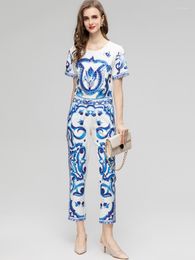 Women's Two Piece Pants QQ7247 Heavy Industry Set Diamond Round Neck Blue White Porcelain Print Short Sleeve Shirt Pencil European American