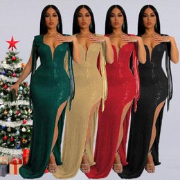 Casual Dresses Sexy Women V-neck Tassel Sleeve Bodydon Sequined Split Maxi Dress Backless Sequins Party