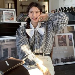 Women's Blouses Chic Spring Vintage Niche Stand Collar Bow Contrast Colour Chequered Design Loose Long Sleeve Shirt Woman