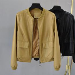 Women's Leather Yellow Black Korean Round Neck Short Washed PU Faux Jacket Coat Women Spring Autumn Loose Casual Biker Streetwear