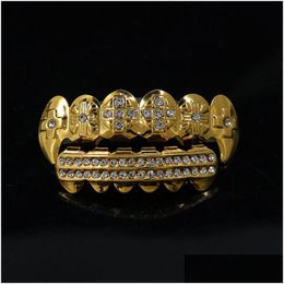 24K Gold Teeth Grillz Rhinestone Top Bottom Shiny Grills Set Iced Out Hip Hop Jewellery Drop Delivery Dhaw2