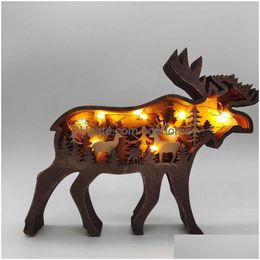 Other Home Decor Bear Christams Deer Craft 3D Laser Cut Wood Gift Art Crafts Toy Wild Forest Animal Table Decoration Statues Ornaments Dhfzh