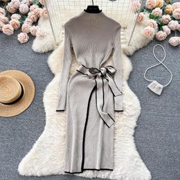 Casual Dresses Elegant Long Sleeve Knitted Dress For Women 2023 Autumn Winter Bandage Wraps Hips Knitwear Bodycon Vestidos SR1248