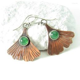 Dangle Earrings Classic Scalloped Metal Embellished Green Stone Vintage Women's Bronze Hand Carved Striped Drop