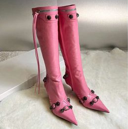 Women's dermis stiletto Knee length boots tassel pointed locomotive stud buckle embellished zip Luxury designer factory footwear fashion