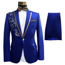 Peacock Sequin Men Suits Royal Blue Costume Homme Tuxedos For Wedding Groom Bridegroom 2 Pcs Prom Slim Fit Blazers Jacket Pant Men211w