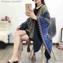 Women's Cape Women's Ethnic style Shawl Scarves Bohemia Tassel Knitted Scarf Striped Cape L230914