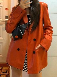 Women's Leather 2023 Autumn Women Loose Fit Genuine Suit Jacket Double Breasted Office Lady Sheepskin Blazer Work Coat Customised 1