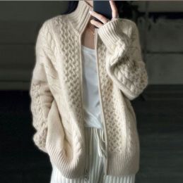 Women's Knits Tees Autumn and Winter Thick High-necked Cashmere Knitted Cardigan Woman Loose Thin Zipper Sweater Coat Wool Coat 230912