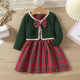 Girl's Dresses Kid Plaid Christmas Dress Sets for Girls Autumn Winter Toddler Long Sleeve Casual Lace Knit Cardigan Tops Children Clothing 230914