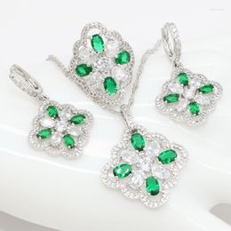 Necklace Earrings Set Green Cubic Zirconia Sterling Silver Trendy Pendant Earring And Ring For Ladies Fashion Gift
