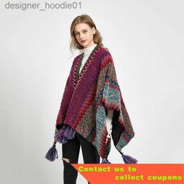 Women's Cape Cape and Shawl New Shawl Cape Women's Autumn Thickened Ethnic Style Cape Top Knitted Outerwear Scarf Dual-Use Warm Cloak L230914