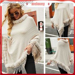 Women's Cape Women's Jackets For Winter Solid Colour Faux Fur Collar Warm Knitted Poncho Tassel Autumn Outwear Knitwear L230914