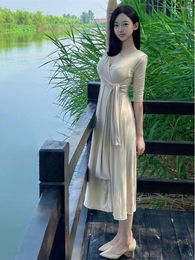 Casual Dresses WOMENGAGA Spring/Summer V-neck Sexy Mid Length Korean Style Lace Up Long Dress High Waist Short Sleeve Women BT0S