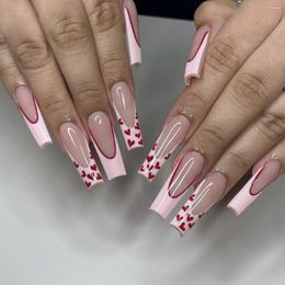 False Nails 24Pcs Long Ballet French Press On Fake With Pink Base Red Heart Design Removable Full Cover Nail Tips